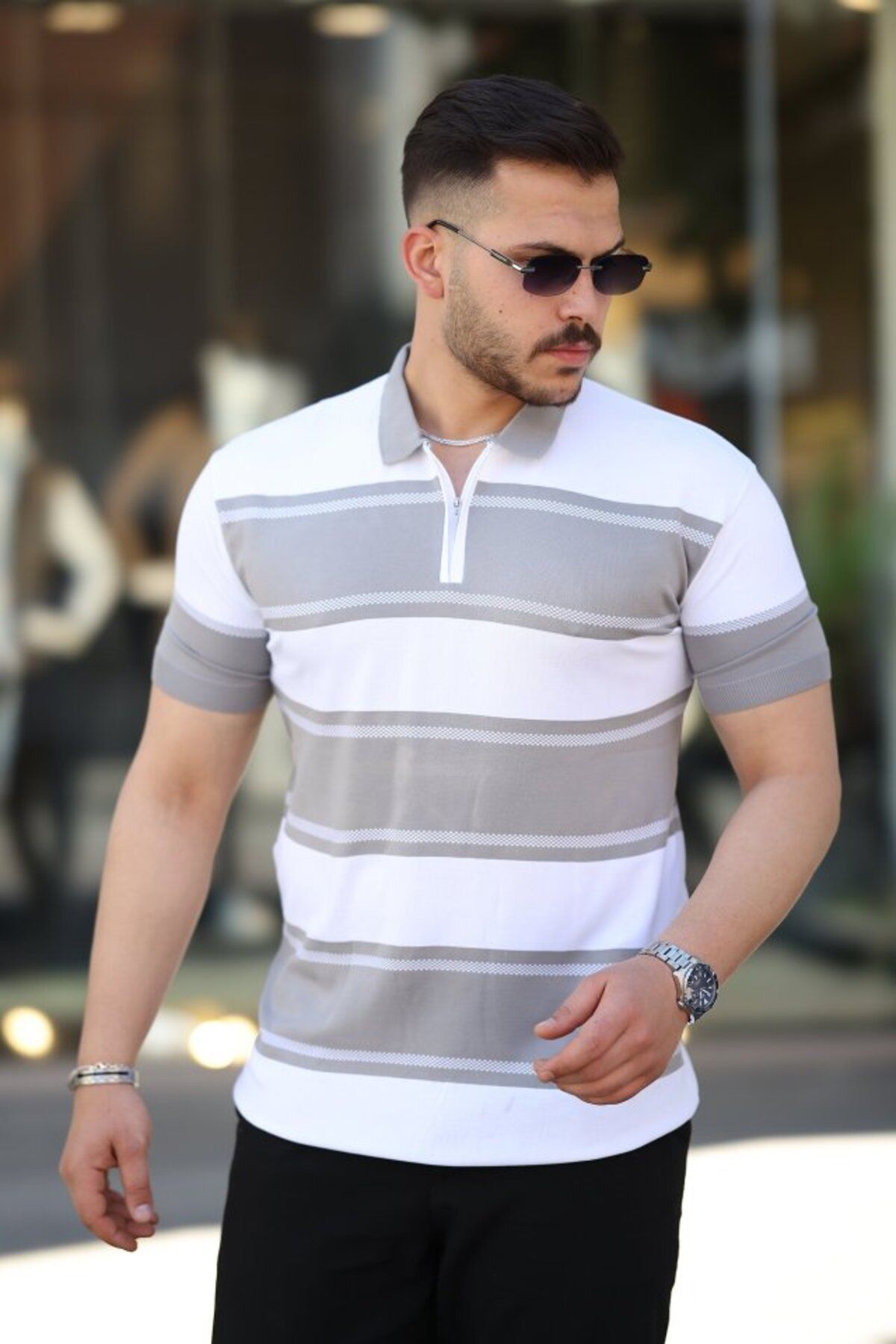 novafems Erkek Yakalı Fermuarlı çift Renk Kısa Kollu T-shirt