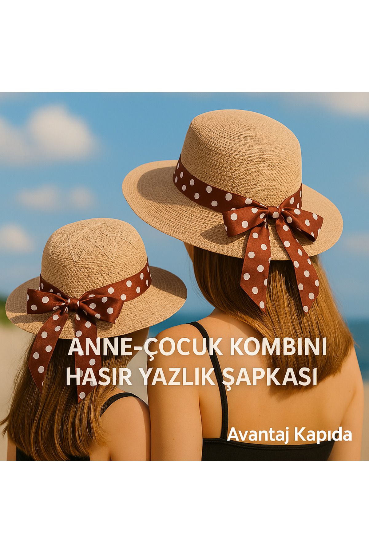 Avantaj Kapıda Anne Kız Kombin Hasır Şapka – Yazlık Geniş Kenarlı, Puantiyeli, Plaj & Güneş Şapkası