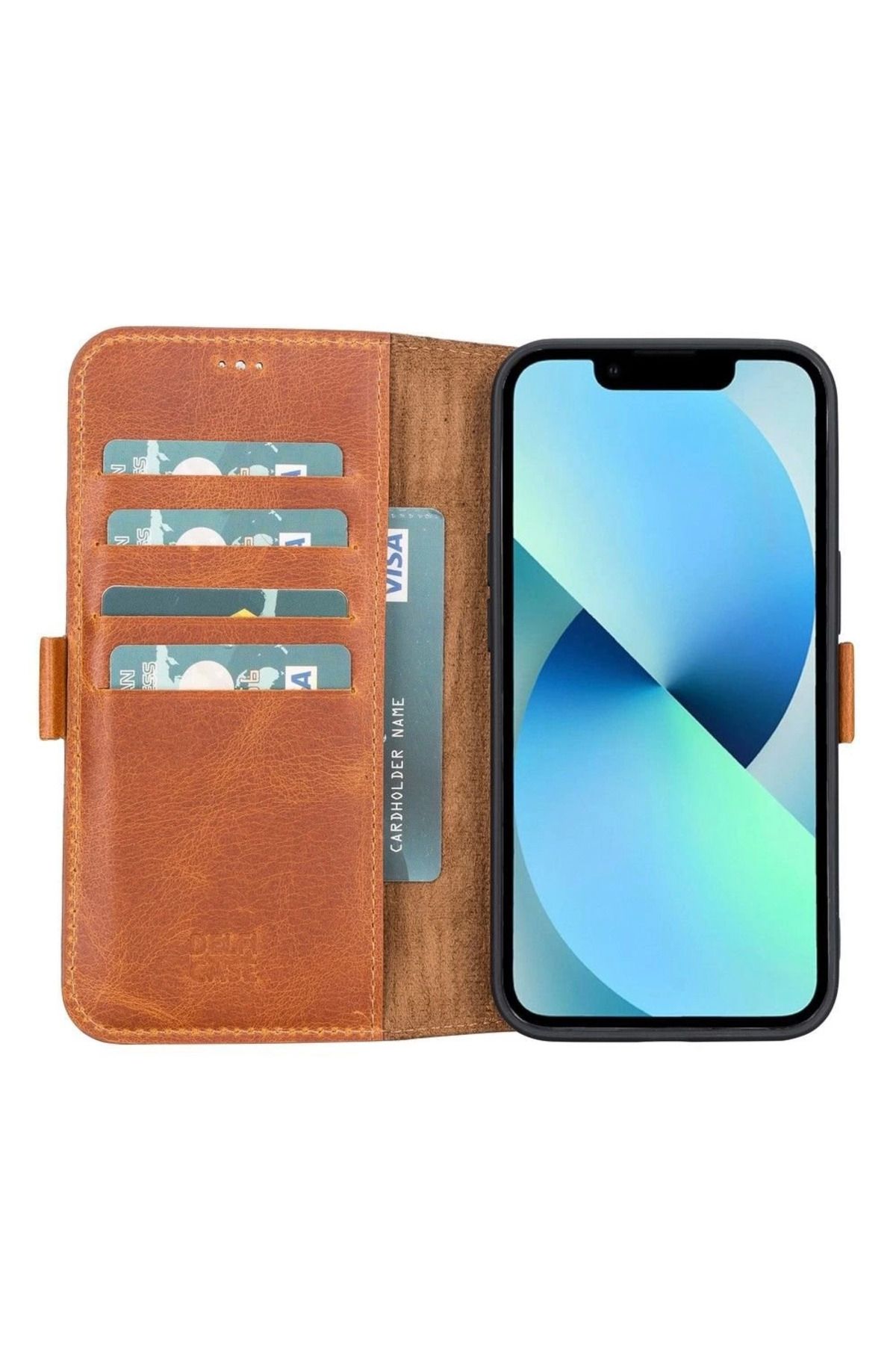 Angoravi Apple iPhone 13 Uyumlu Deri Cüzdanlı Kılıf Antik Taba