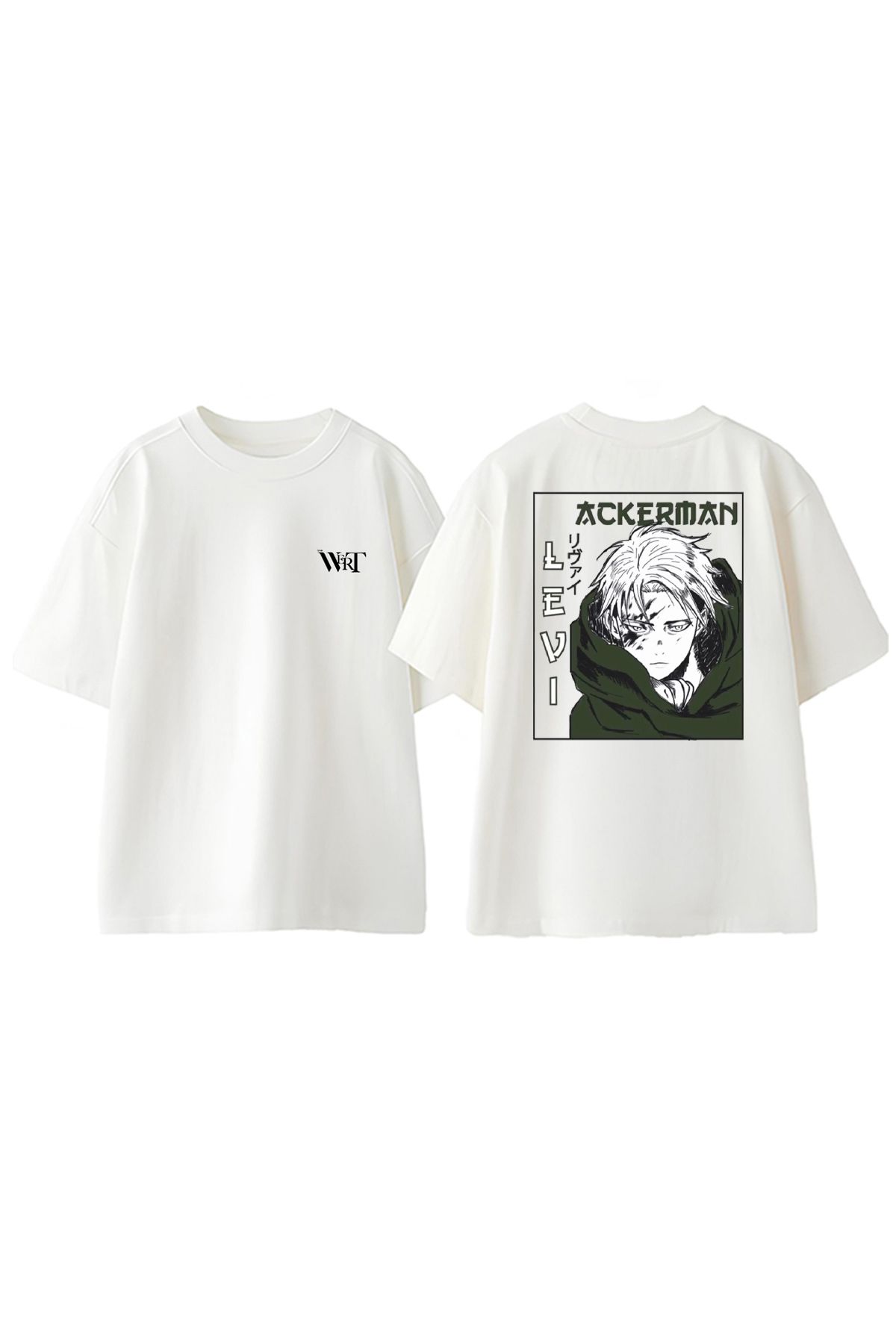 THEWERT Levi Ackerman Yeşil Tasarım Sırt Baskılı Pamuk Beyaz Oversize T-shirt