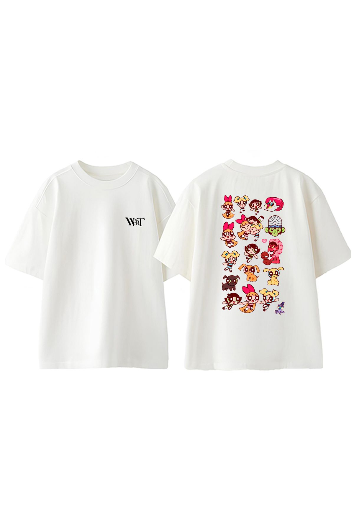 THEWERT PowerPuff Girls Çoklu Tasarım Sırt Baskılı Pamuk Beyaz Oversize T-shirt