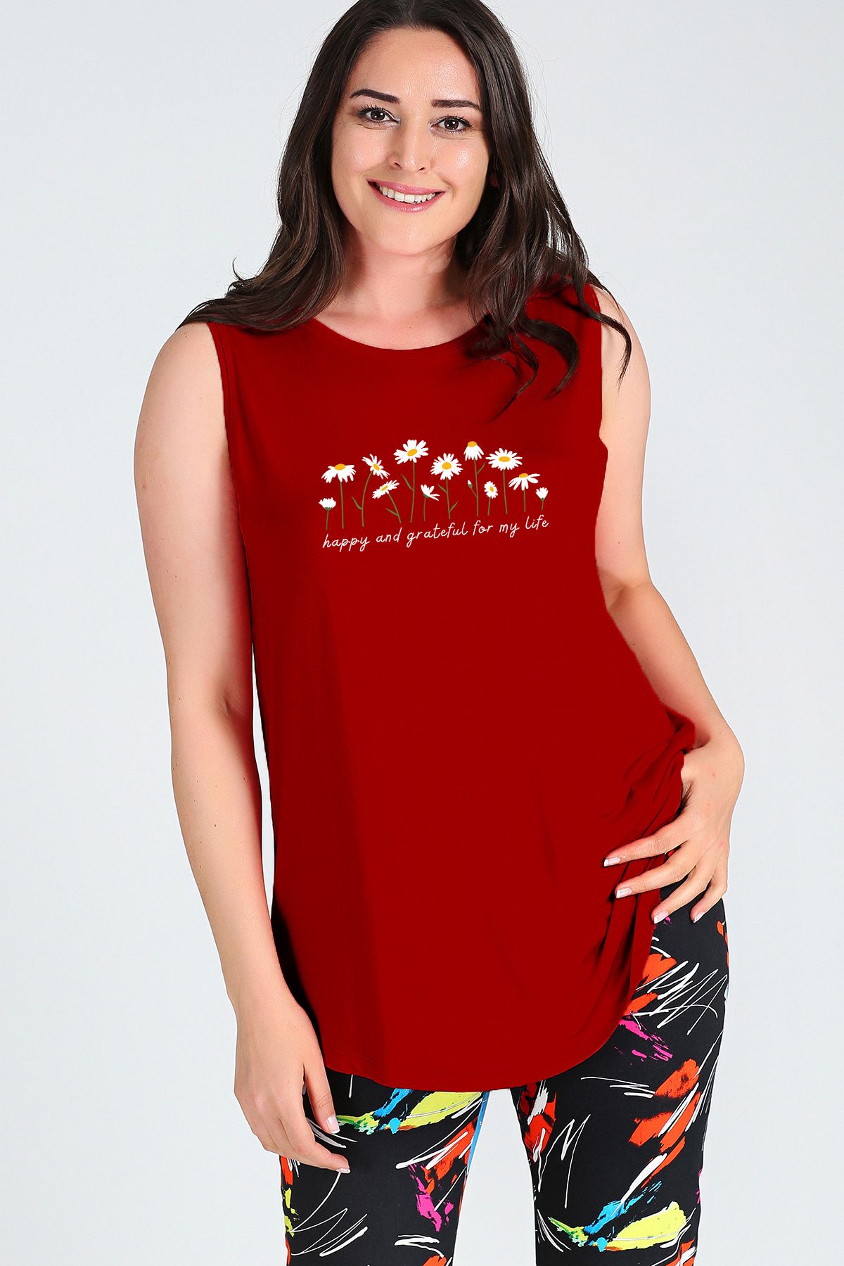 Curvy Trend Büyük Beden Daisies Baskılı Kolsuz Viskon Basic Bluz