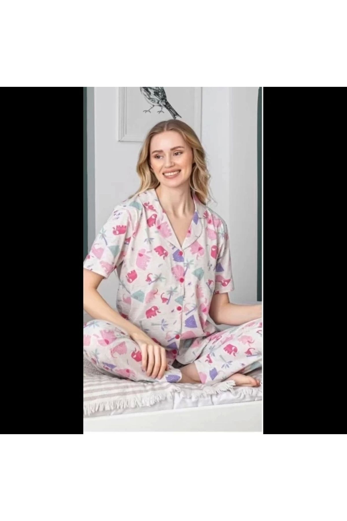 GiyimCity Fil Desenli Patlı Kısa Kol Pijama Takımı
