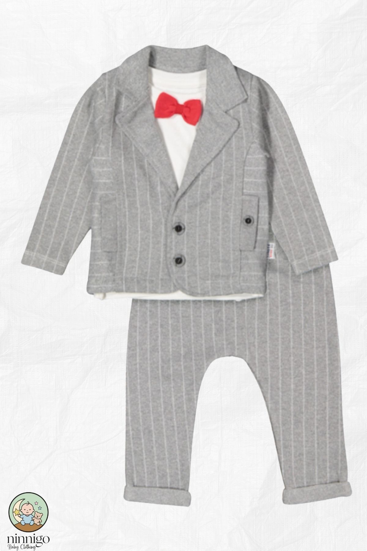 ninnigo Papyonlu Çizgili %100 Pamuklu Erkek Bebek Takım Elbise 3'lü Set - Ceket, Tişört, Pantolon