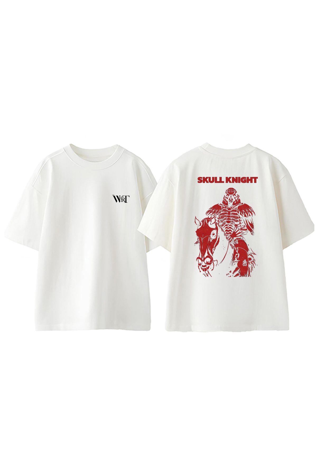 THEWERT Skull Knight Red Poster Tasarım Sırt Baskılı Pamuk Beyaz Oversize T-shirt