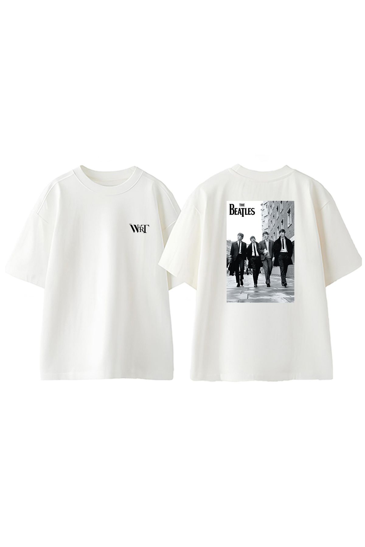 THEWERT The Beatles Punk Tasarım Sırt Baskılı Pamuk Beyaz Oversize T-shirt