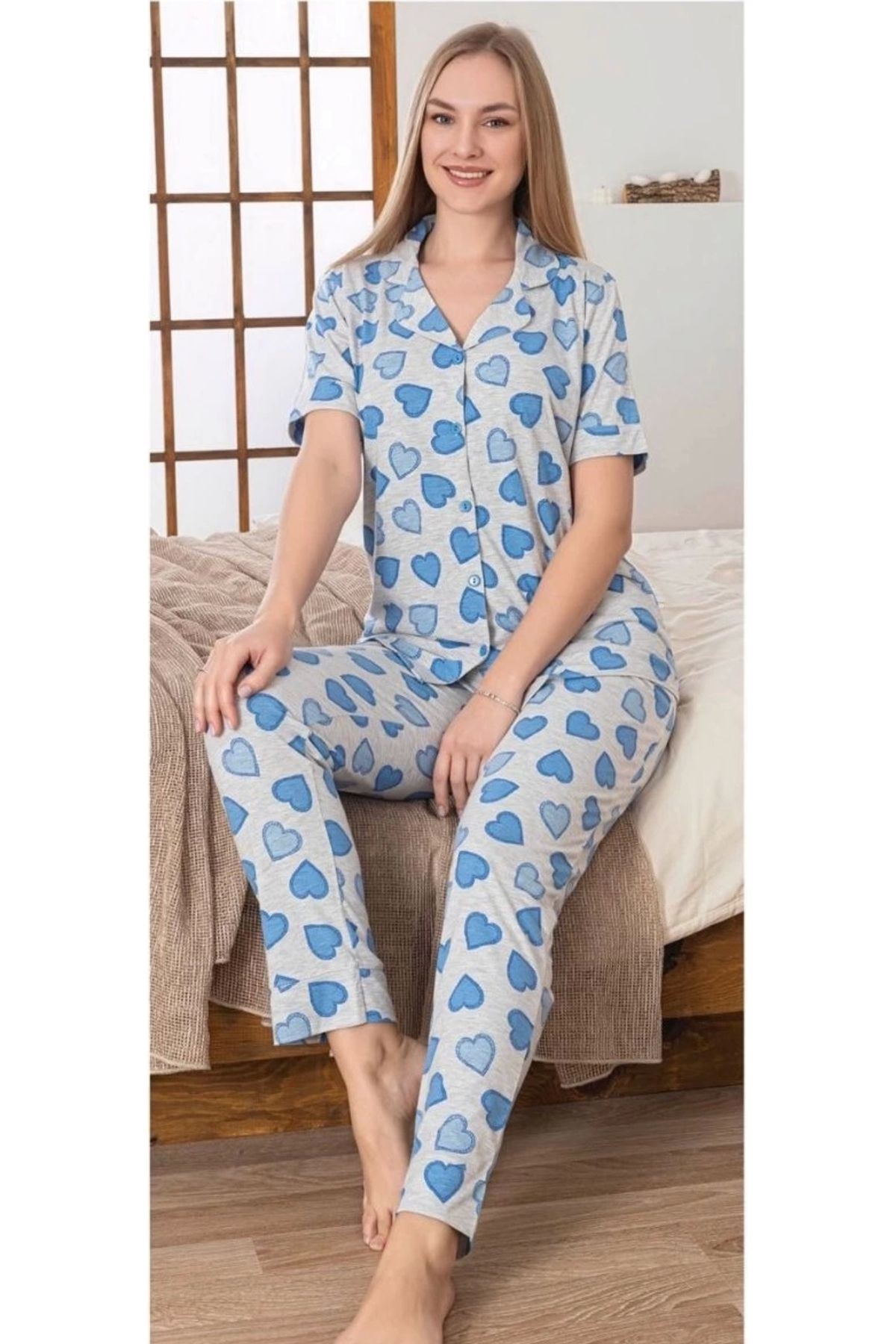 GiyimCity Kadın Mavi Kalp Desenli Patlı Pijama Takımı