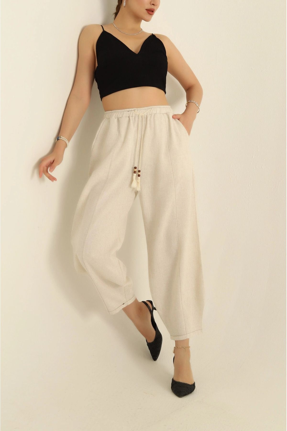 VıoShıne Kadın Beli Lastikli Şalvar Model Keten Pantolon