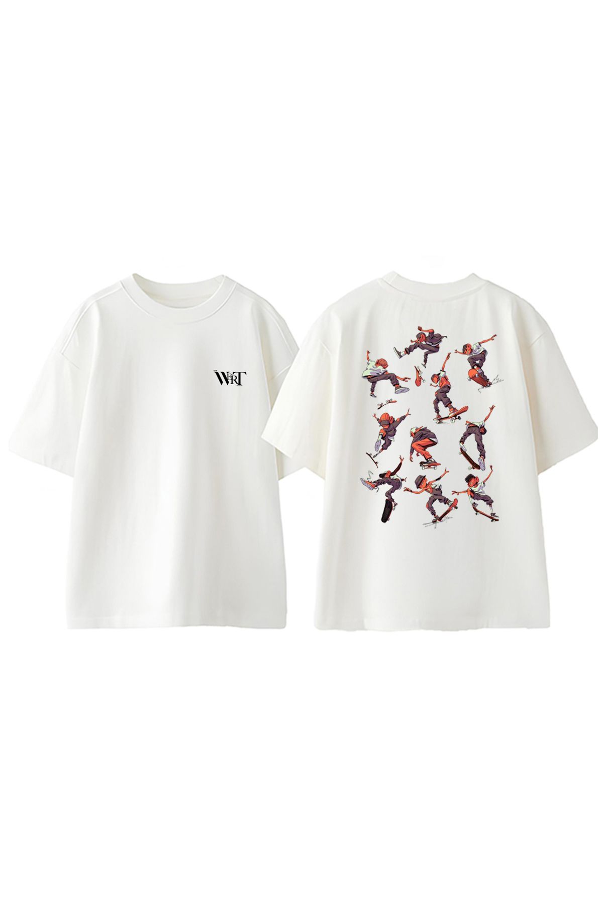 THEWERT Kaykay Hareketler Tasarım Sırt Baskılı Pamuk Beyaz Oversize T-shirt