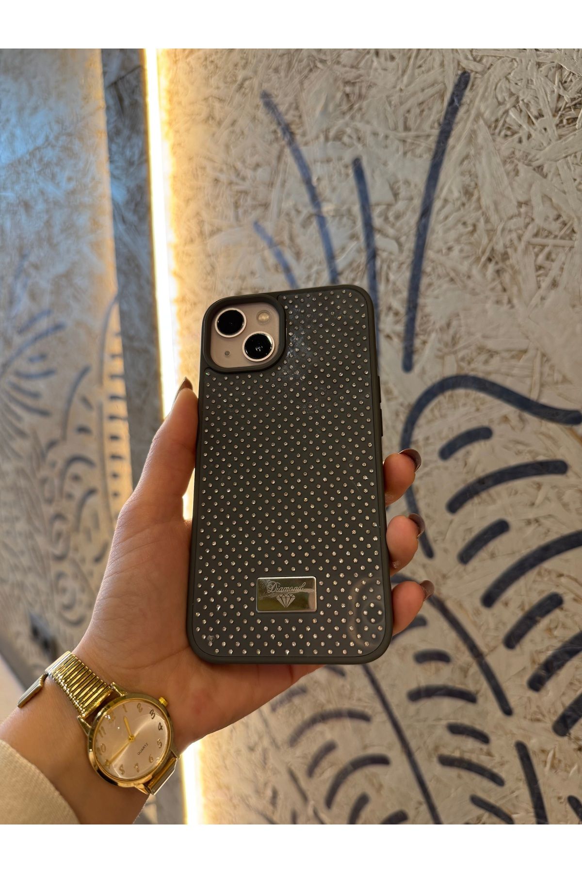 Mois Case İPhone 15 uyumlu elmas pırlanta taşlı gri-füme kılıf