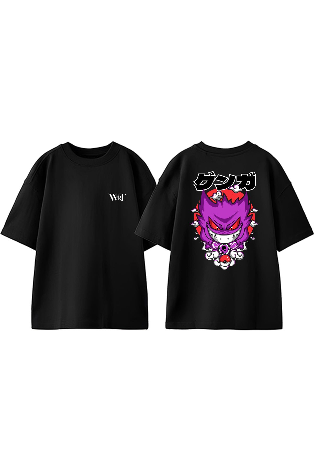THEWERT Öfkeli Gengar Pokemon Tasarım Sırt Baskılı Pamuk Siyah Oversize T-shirt