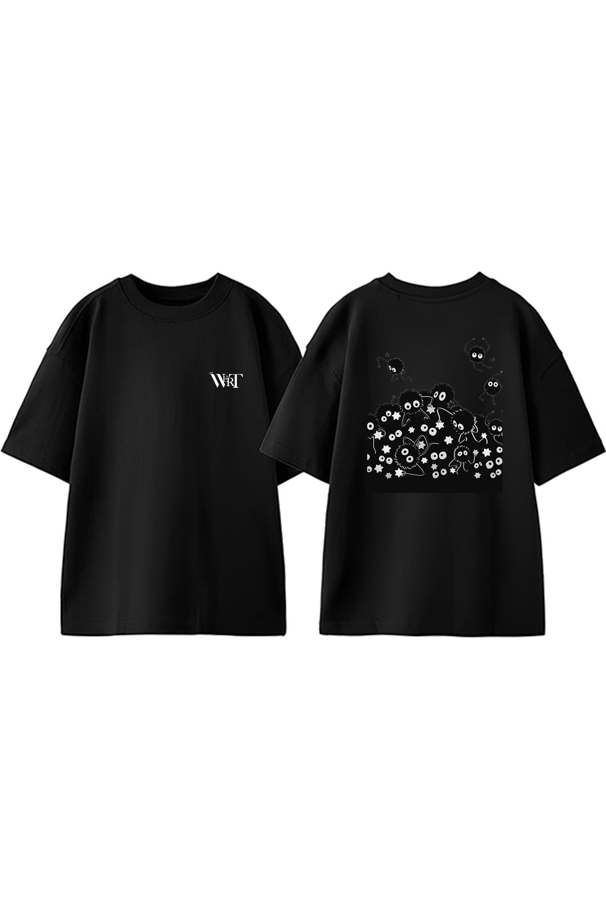 THEWERT Spırıted Küçük Canavarlar Tasarım Sırt Baskılı Pamuk Siyah Oversize T-shirt