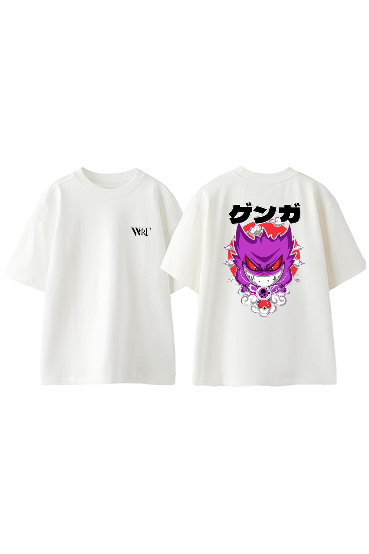 THEWERT Öfkeli Gengar Pokemon Tasarım Sırt Baskılı Pamuk Beyaz Oversize T-shirt