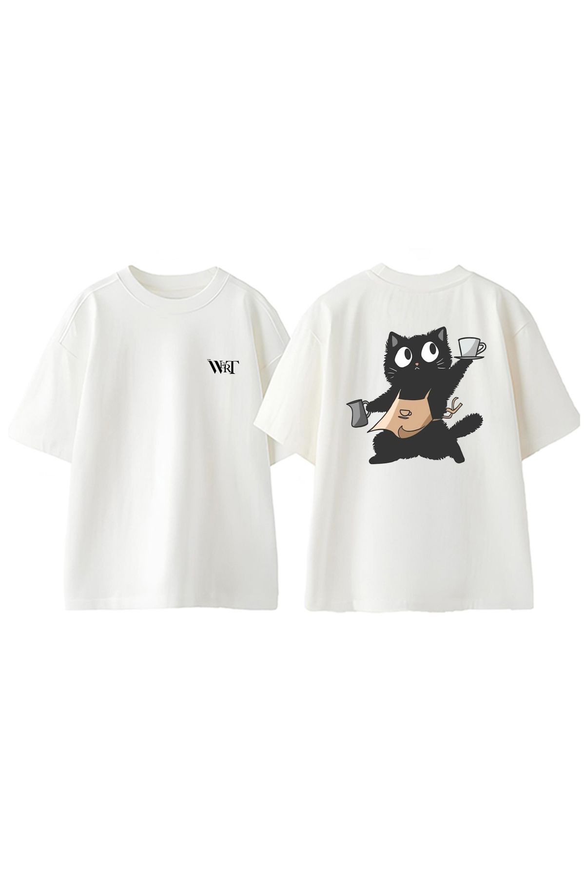 THEWERT Garson Cat Tasarım Sırt Baskılı Pamuk Beyaz Oversize T-shirt