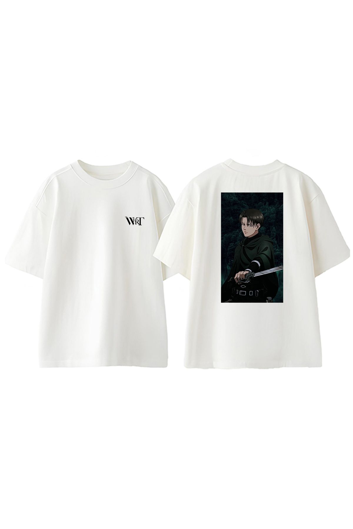 THEWERT Attack On Titan Levi4 Tasarım Sırt Baskılı Pamuk Beyaz Oversize T-shirt