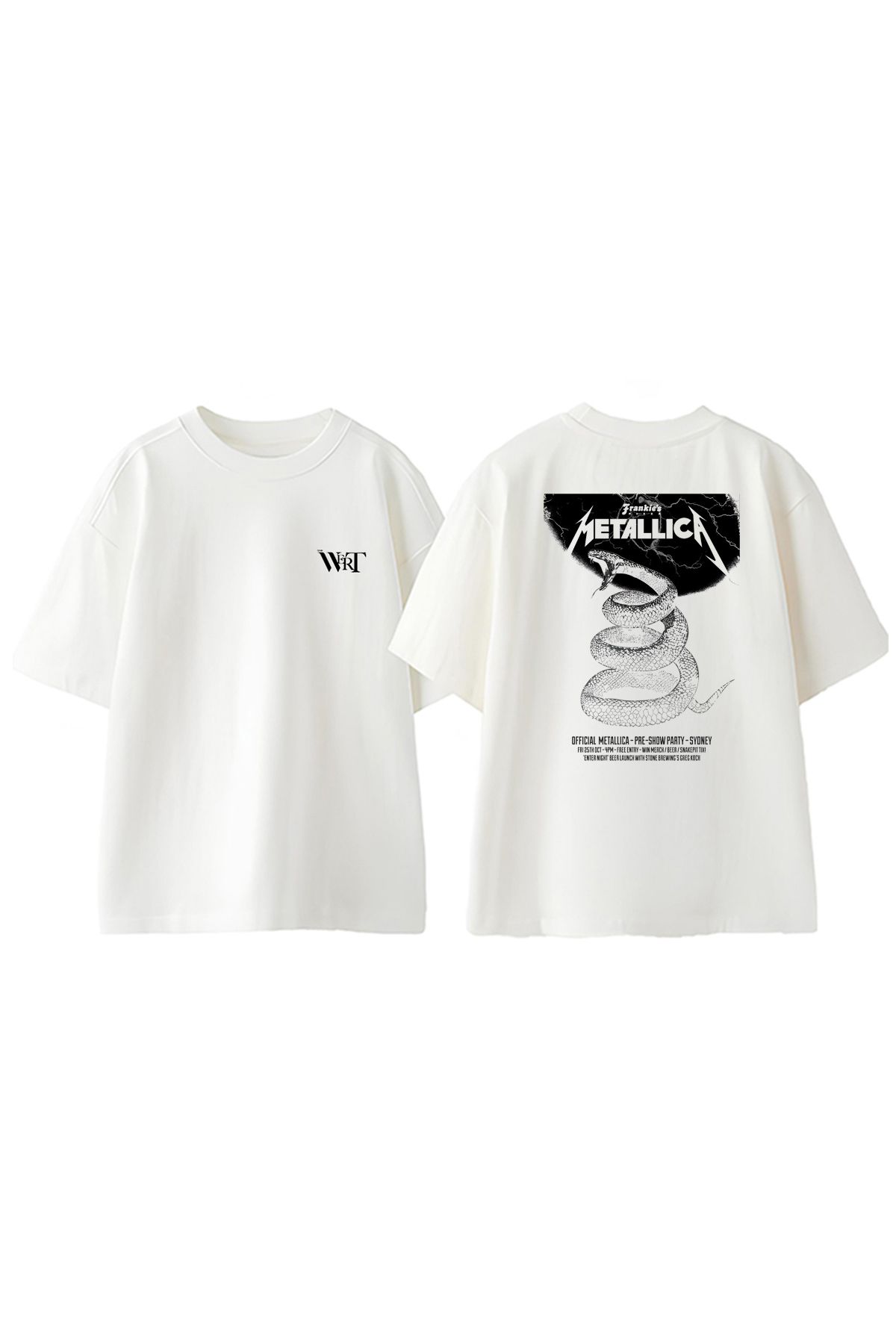 THEWERT Metallıca Snake Tasarım Sırt Baskılı Pamuk Beyaz Oversize T-shirt