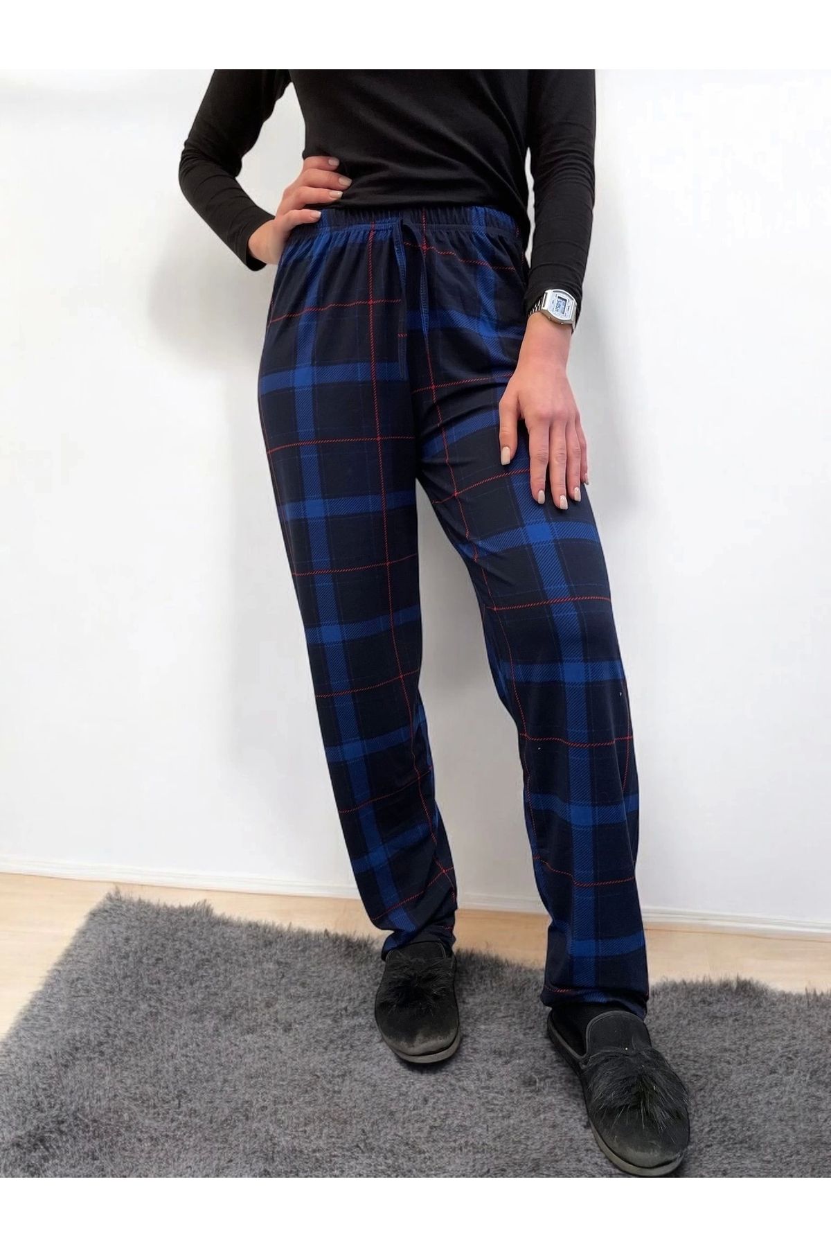 GiyimCity Beli Lastikli Ekose Süet Tek Pijama Altı