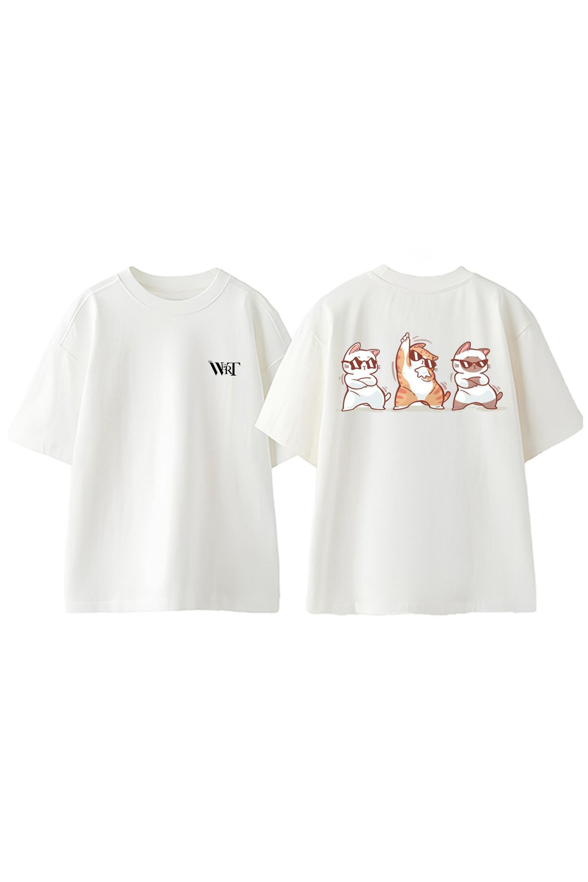 THEWERT Üç Gözlüklü Kedi Tasarım Sırt Baskılı Pamuk Beyaz Oversize T-shirt