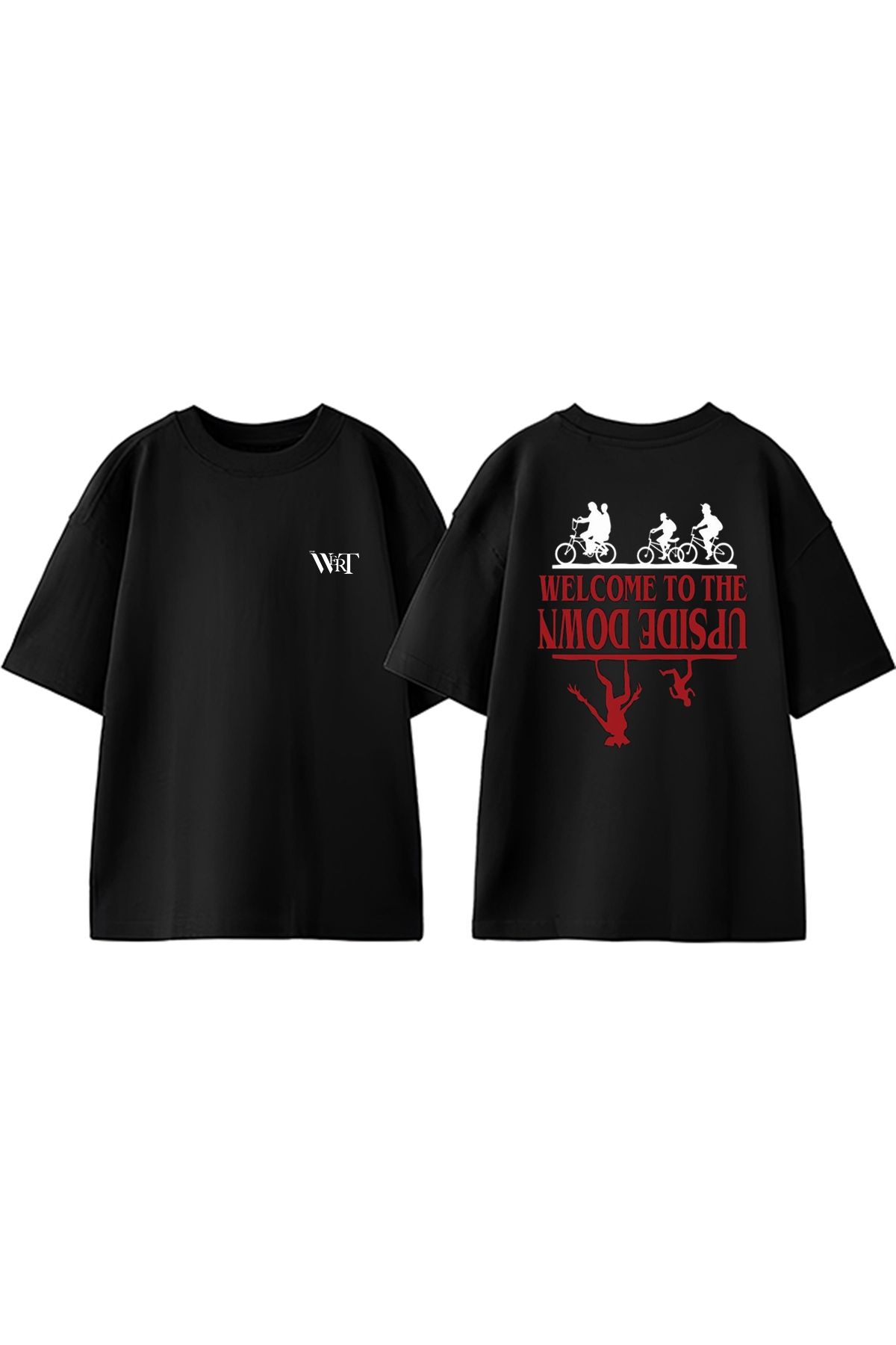THEWERT Stranger Things Welcome Tasarım Sırt Baskılı Pamuk Siyah Oversize T-shirt