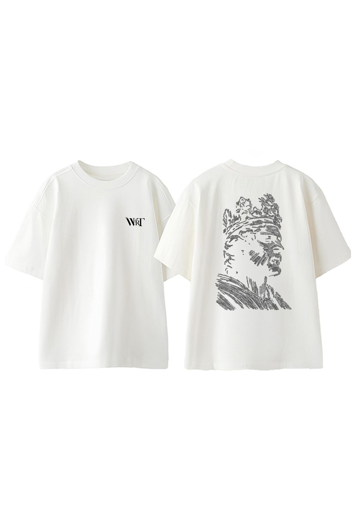 THEWERT Kral Çizim Tasarım Sırt Baskılı Pamuk Beyaz Oversize T-shirt