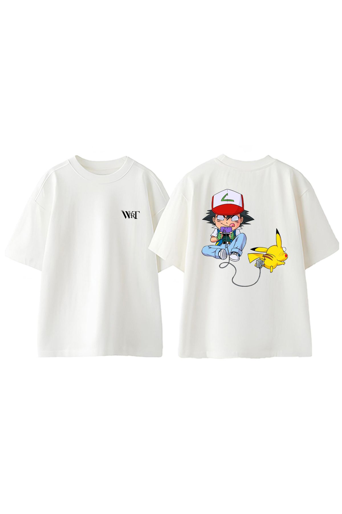 THEWERT Pokemon Charge Tasarım Sırt Baskılı Pamuk Beyaz Oversize T-shirt