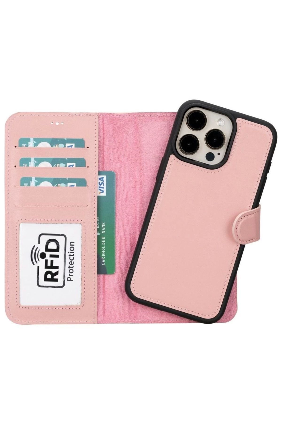 feifei Apple iPhone 15 Pro Max Uyumlu Deri Cüzdanlı Kılıf MWWN NU2 Pembe