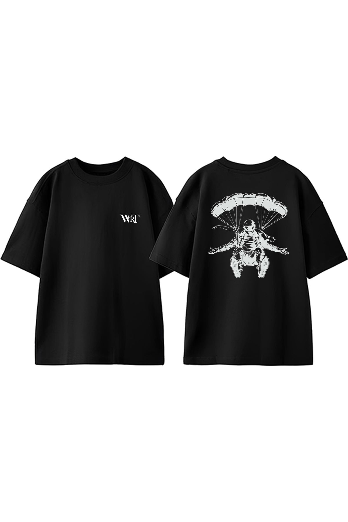 THEWERT Paraşutle İnen Adam Tasarım Sırt Baskılı Pamuk Siyah Oversize T-shirt