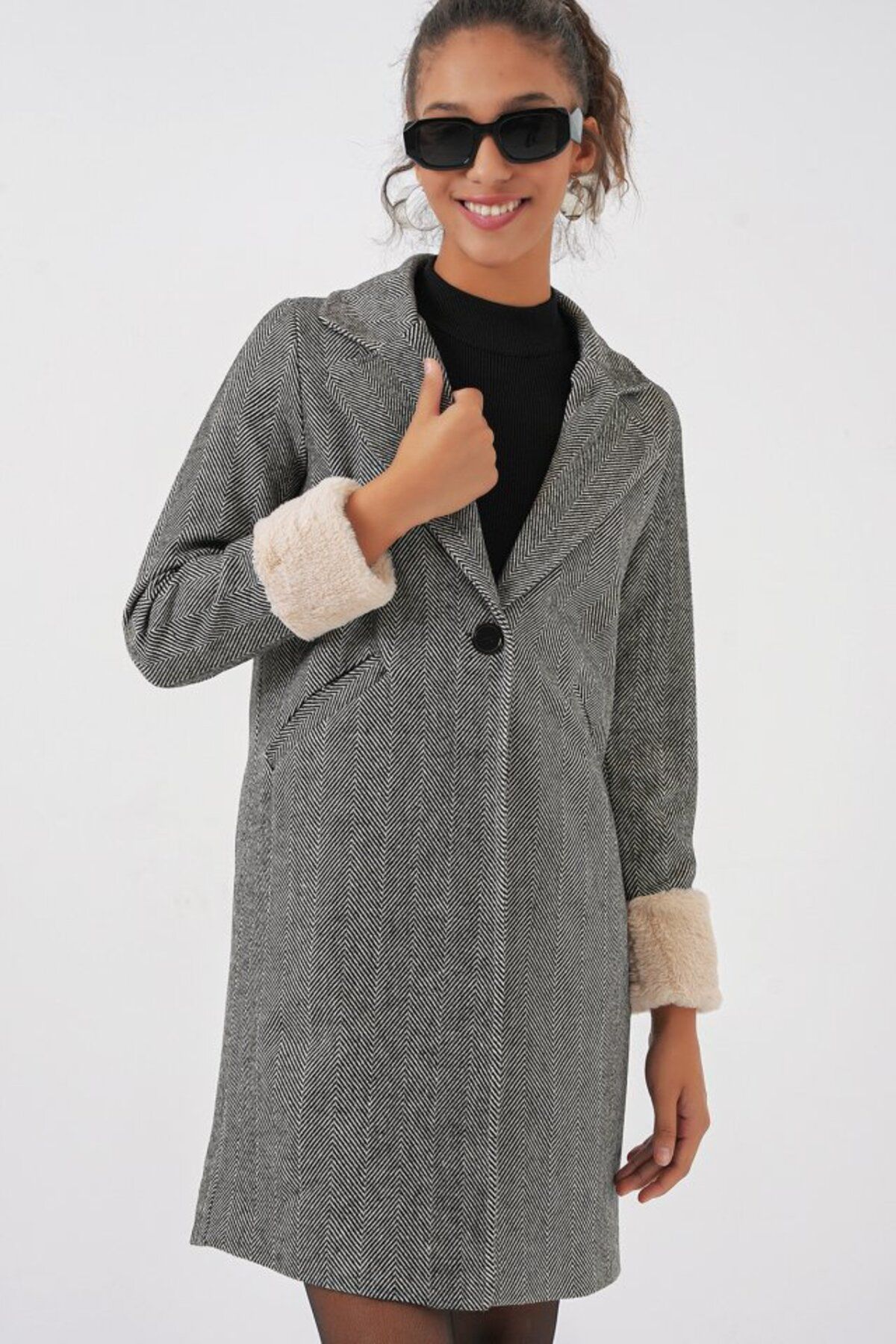 moda wanilia 9085 Balık Sırtı Kaşe Kaban - C.Siyah