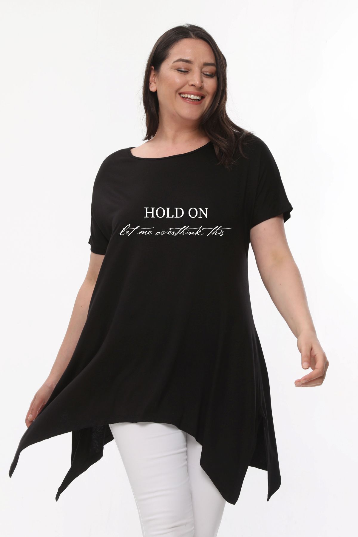 Curvy Trend Büyük Beden Overthink Baskılı Kısa Kol Yırtmaçlı Basic Bluz