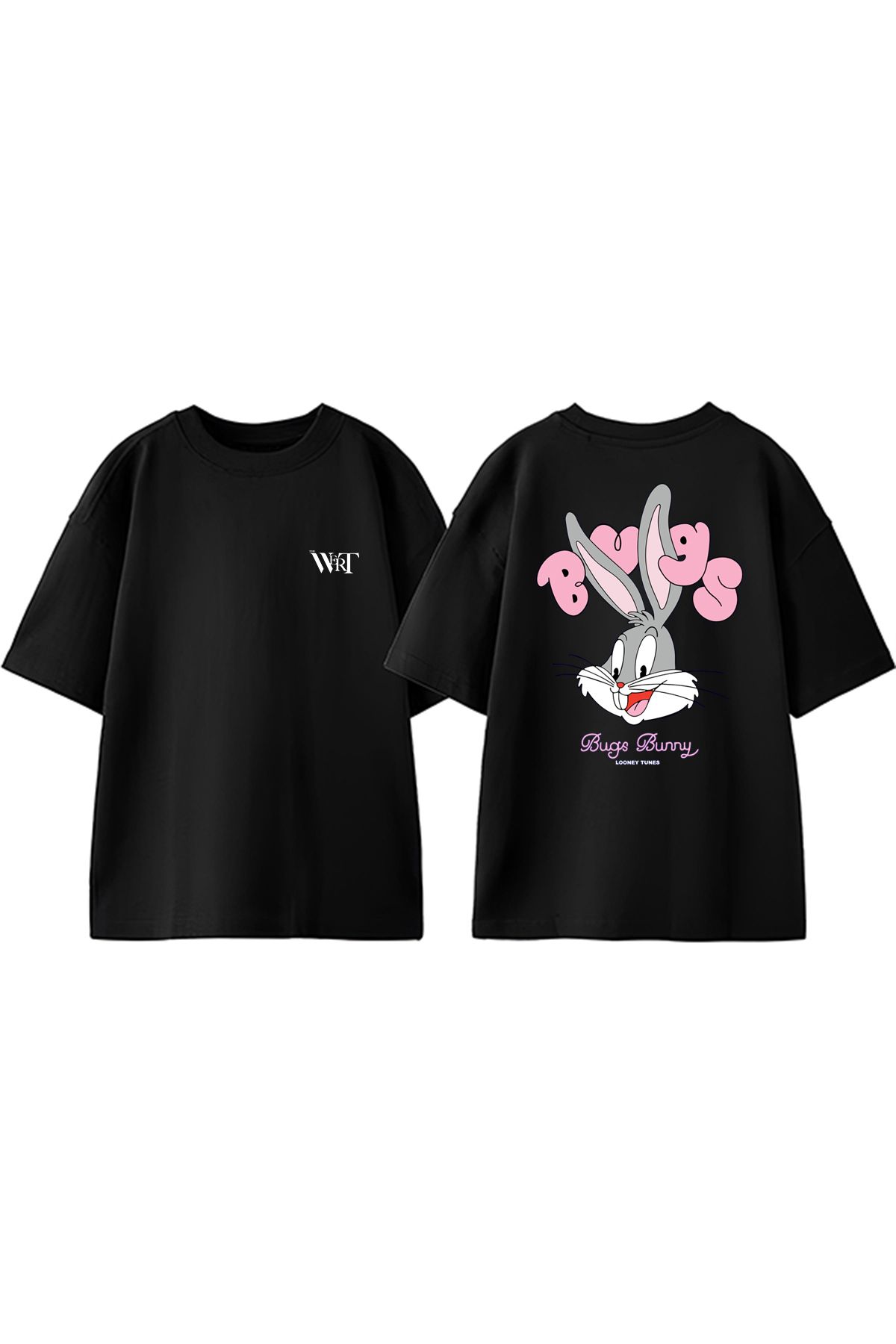 THEWERT Bugs Bunny Pink Tasarım Sırt Baskılı Pamuk Siyah Oversize T-shirt