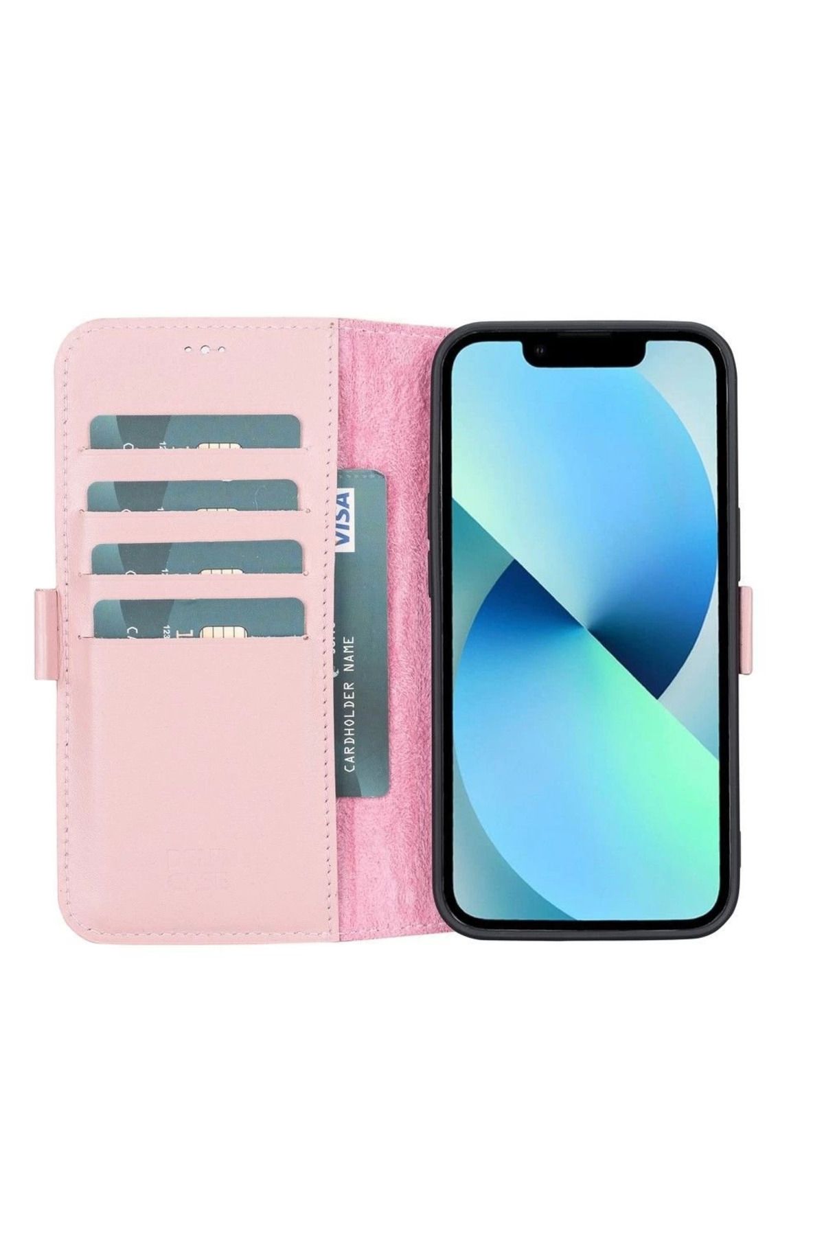 Angoravi Apple iPhone 13 Uyumlu Deri Cüzdanlı Kılıf Toz Pembe