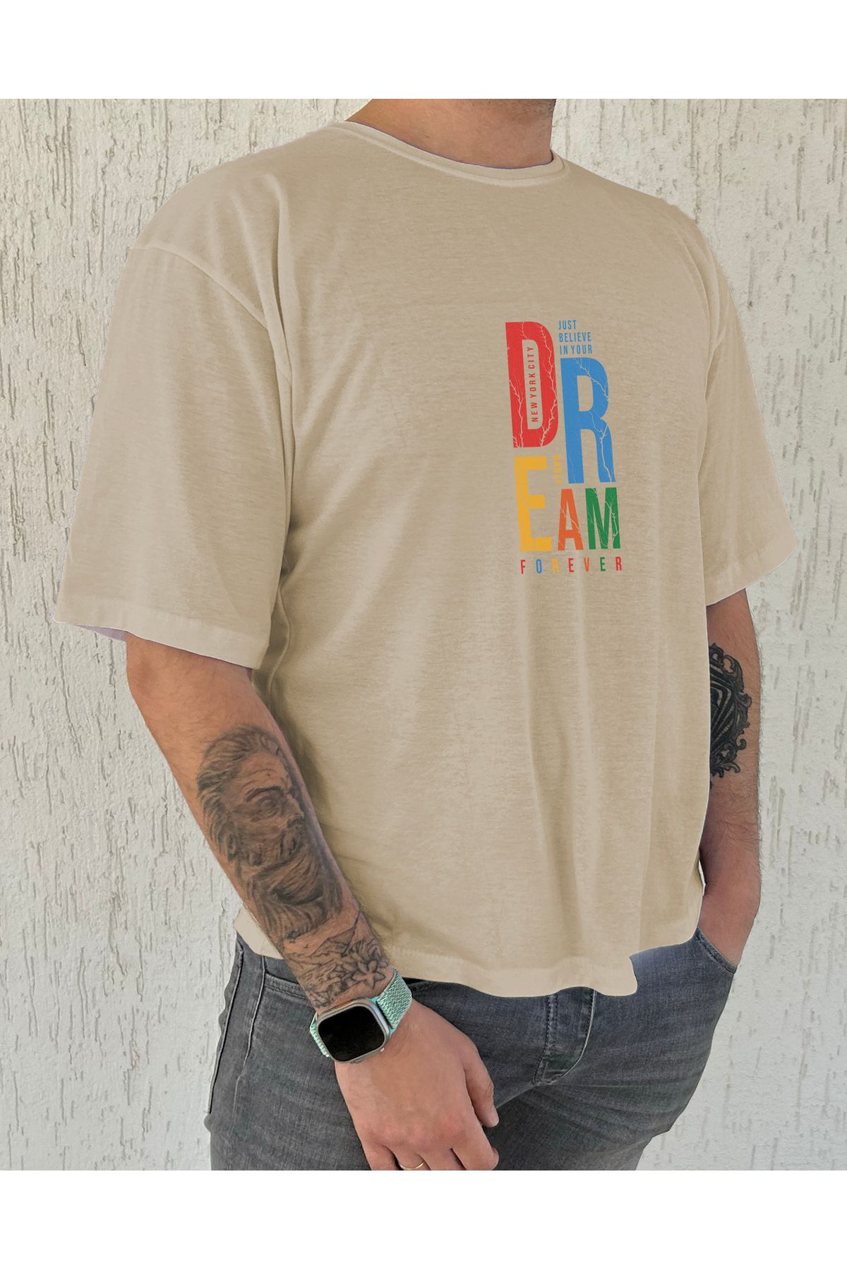 ClubSpaceAstro Dream Forever Baskılı %100 Pamuk Oversize Erkek Tişört – Salaş Kesim, Bisiklet Yaka