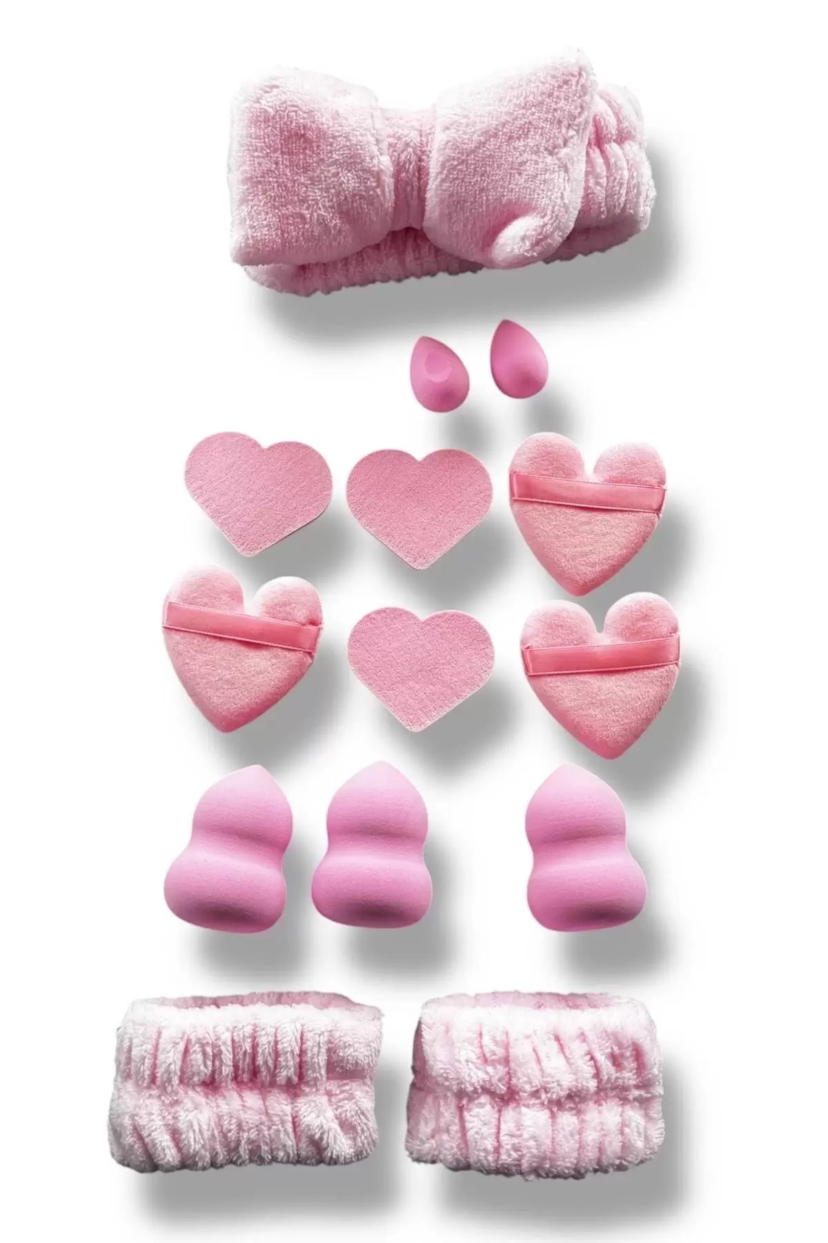 Pembe Kurdele Figürlü Havlu Saç Bandı/Makyaj Süngeri/Pudra Süngeri/Su Emici Havlu Bileklik Set 14'lü — VT2200018