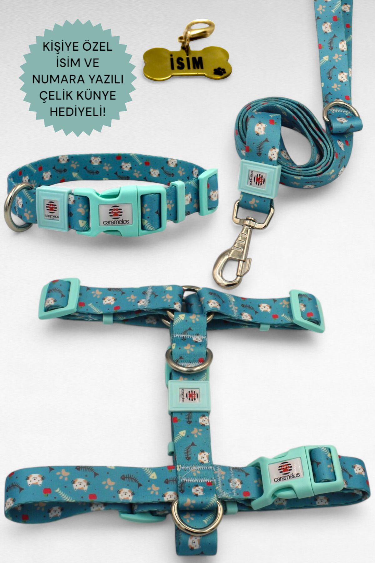 CARAMELOS KÖPEK TASMA SETİ KİŞİYE ÖZEL İSİMLİ TASMA, H TİPİ TASMA ,GÖVDE BOYUN GEZDİRME TASMASI, KÖPEK KÜNYE