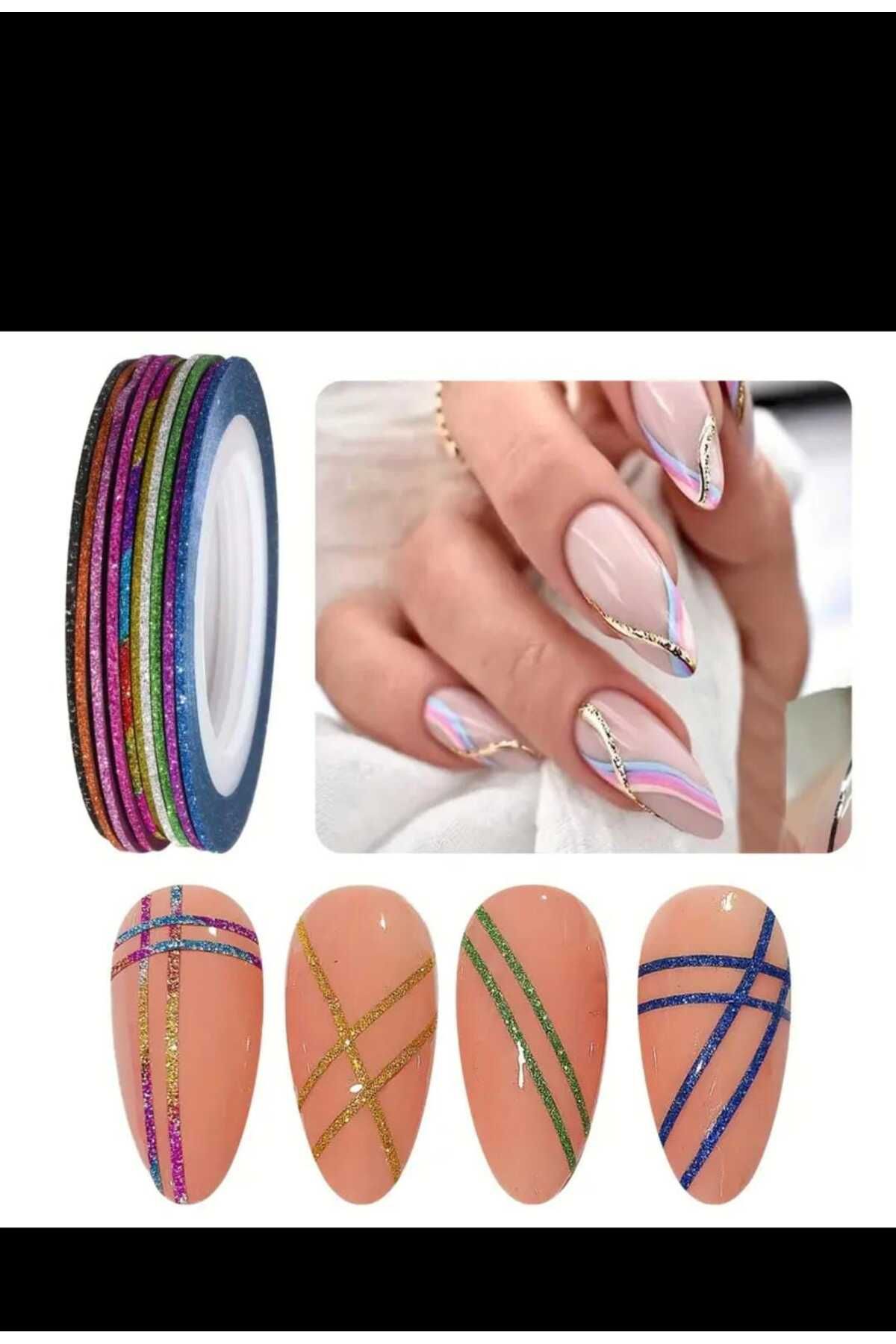 EMKSHOP TIRNAK ÇİZGİ BANT STİCKER 3D YAPIŞKAN TIRNAK BANT RULO ŞERİT (RASTGELE 3 RENK)