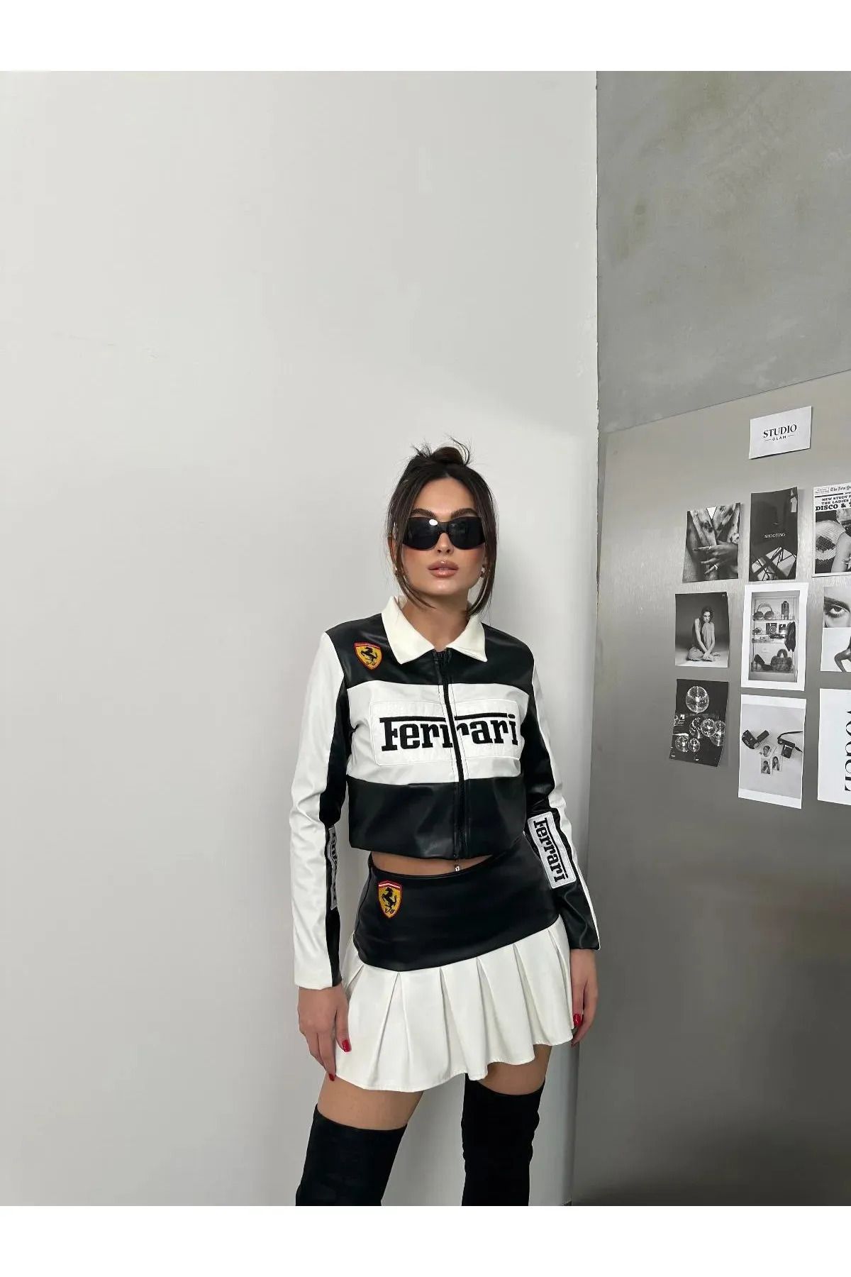 Gofeel Siyah Racing Deri Crop - Etek Alt Üst Takım