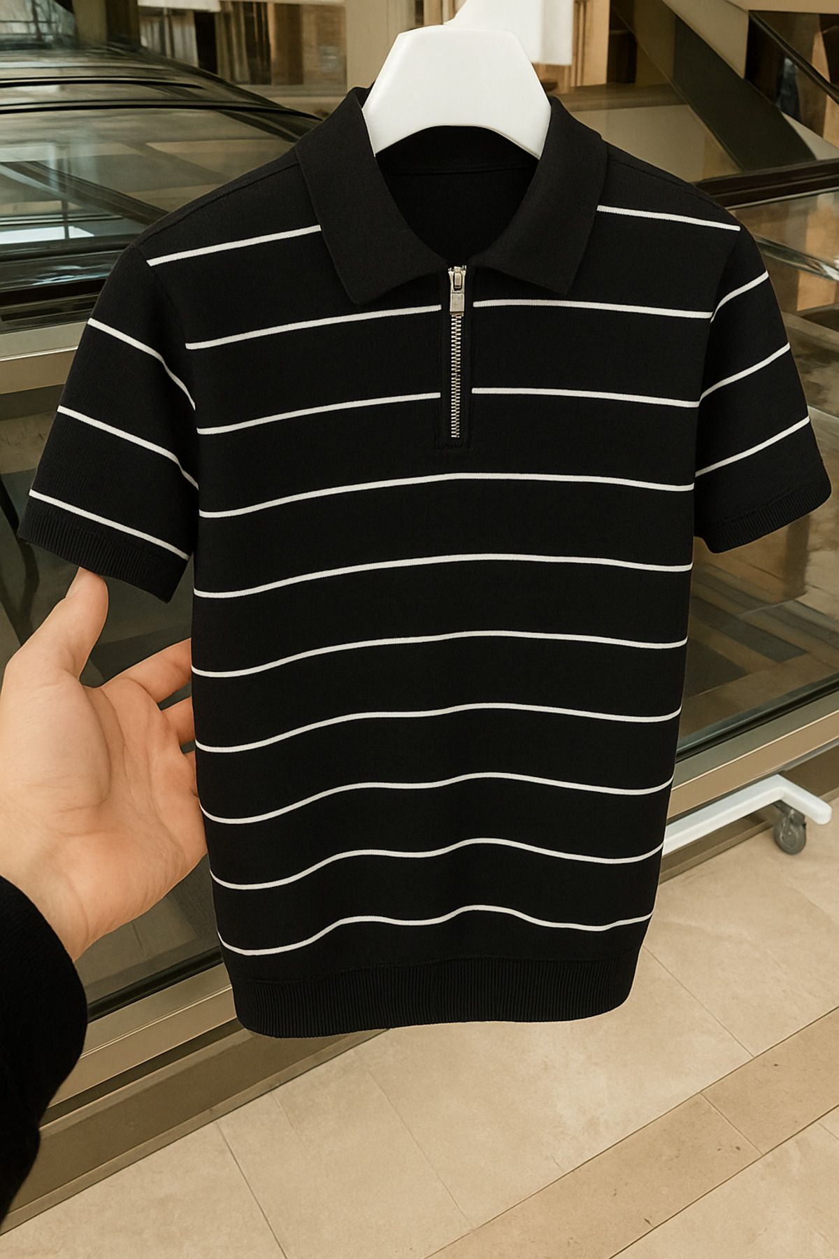 LC Waikiki premium kalite tarz yeni model triko erkek çizgili fermuarlı yazlık esnek tişört