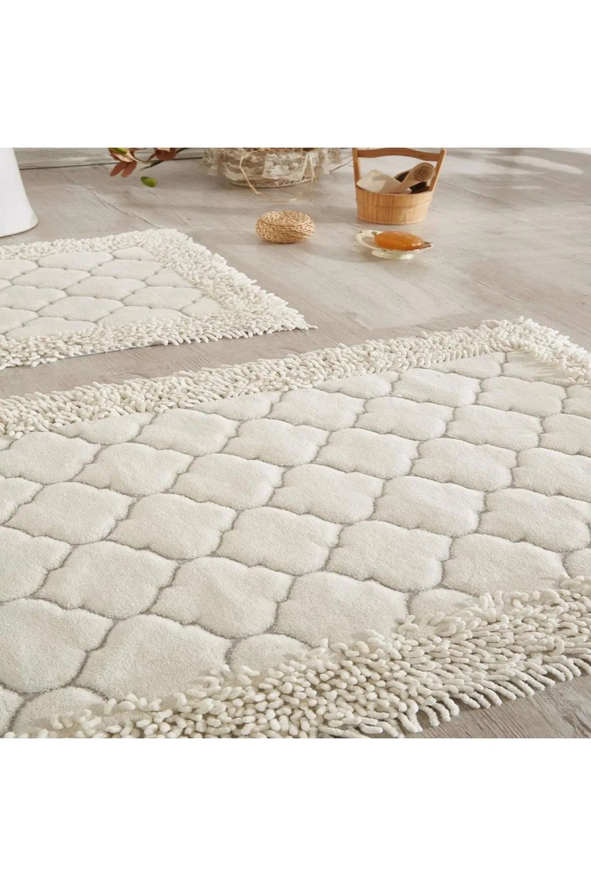 Çelsa Home Pamuklu 2'li Makarna Kenar Banyo Paspas Takımı Maça Desen Ekru