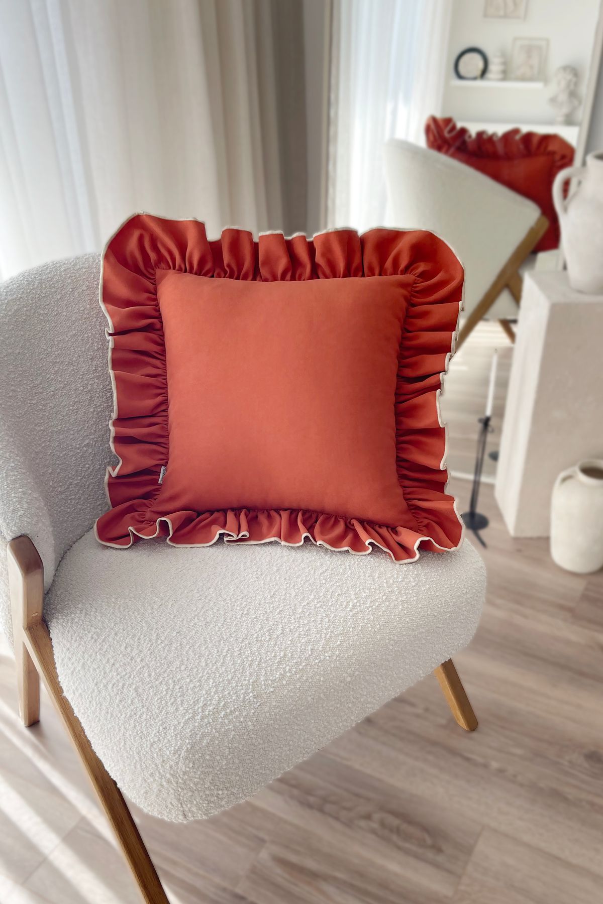 RİTMOHOME Fırfırlı, Vintage, Country, Iskandinav, Bohem 50x50 Dekoratif Kırlent Kılıfı Tarçın, Krem
