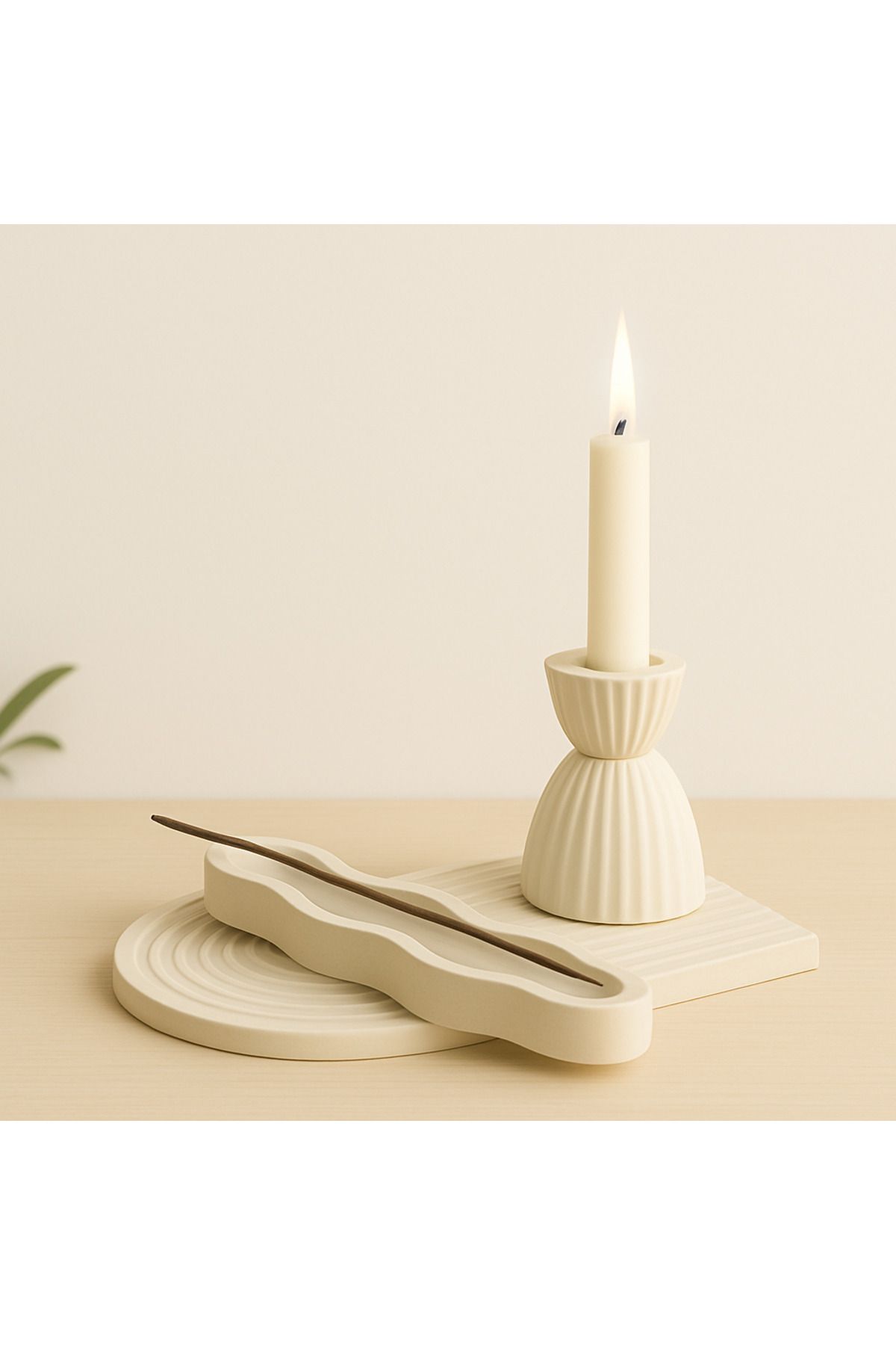 Ecomuse Home 3’lü Beton Dekor Seti – Mini Rainbow Tepsi, Modern Şamdan & Tütsülük | Minimal İskandinav