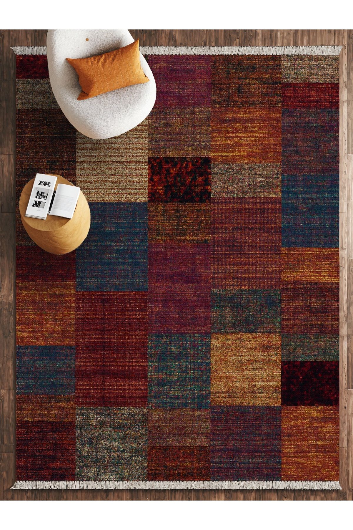 HALIZZON Modern Kare Patchwork Desenli Renkli Halı Eskitme Görünümlü Sıcak Tonlar