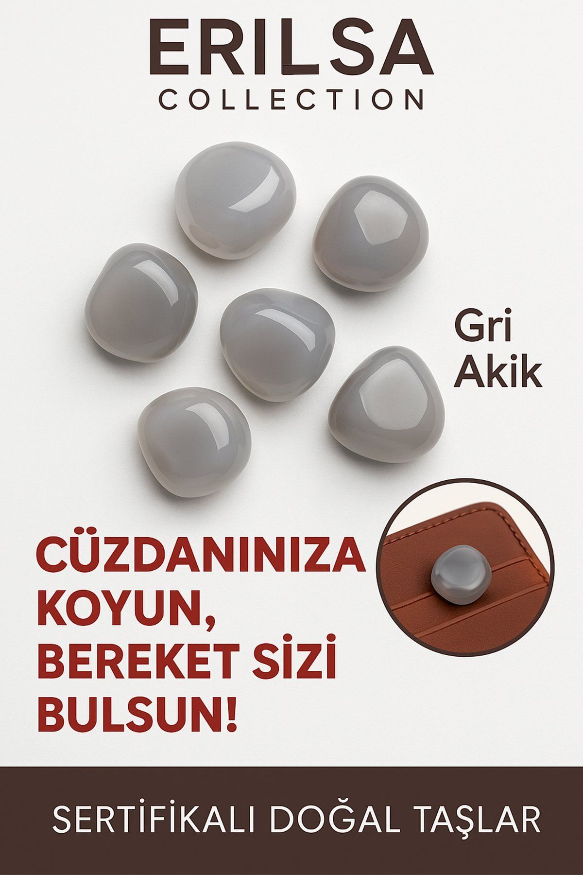 Erilsa Sertifikalı Cüzdan Boy Tamburlanmış Gri Akik Taşı Kütle - Sakinlik, Odak ve Günlük Enerji Dengesi