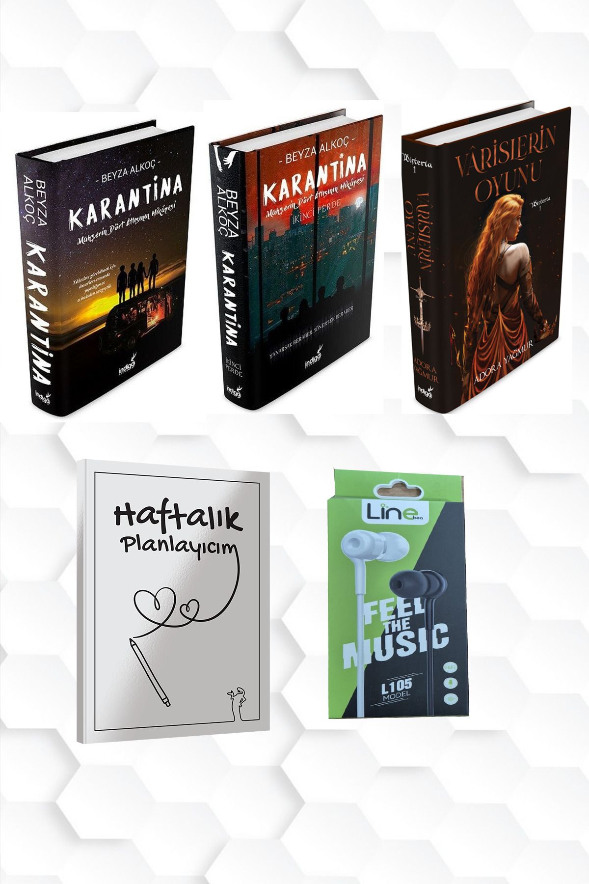 İndigo Kitap CİLTLİ-KARANTİNA BİRİNCİ VE İKİNCİ PERDE-VARİSLERİN OYUNU+HAFTALIK PLANLAYICIM 52 (HAFTA)KULAKLIK