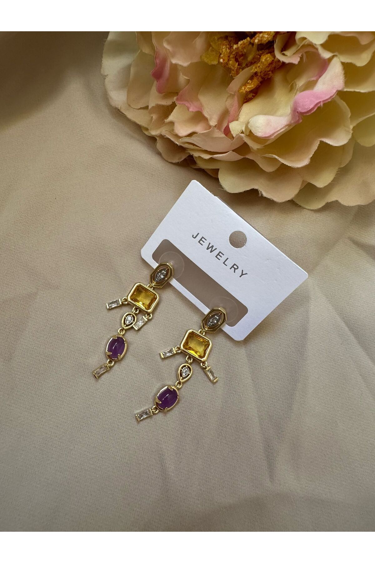 Liyajewellery Taşlı Rodyum Kaplama Mor Sarı Gold Detaylı Küpe