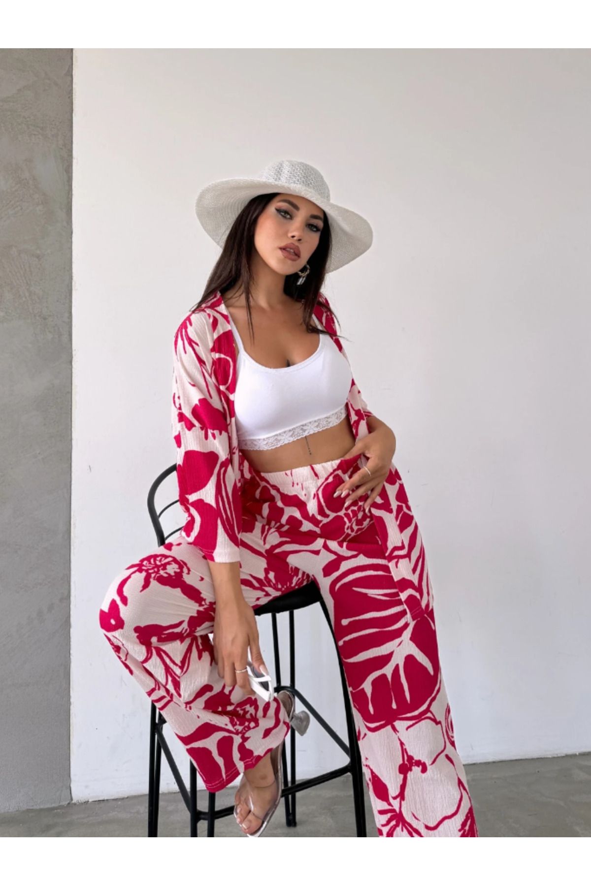 SWEATEE Kadın Desenli Alt Üst Fuşya Yazlık Kimono Pantolon Takım