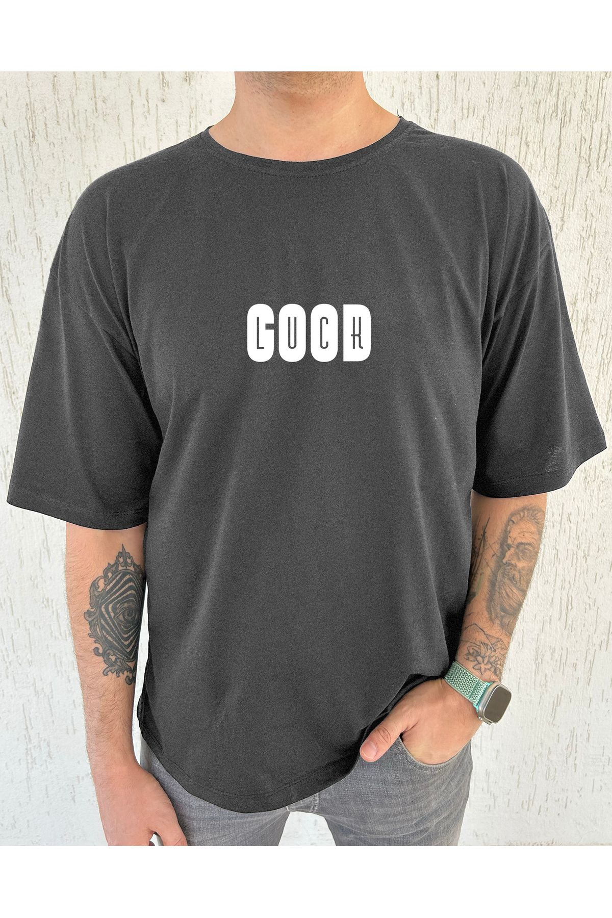 clubsodafashion Good Luck Baskılı %100 Pamuk Oversize Erkek Tişört – Salaş Kesim, Bisiklet Yaka
