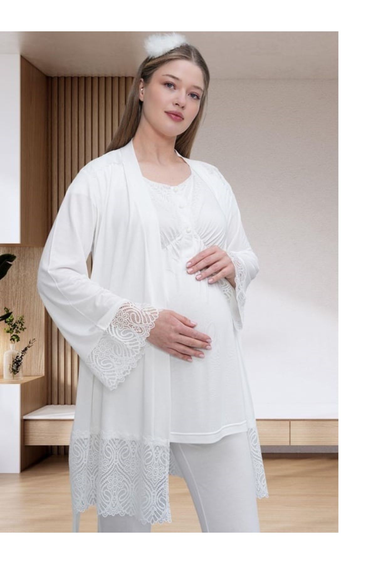 EM&FA TEKSTİL Dantel Detaylı Hamile Lohusa 3LÜ Pijama Takımı