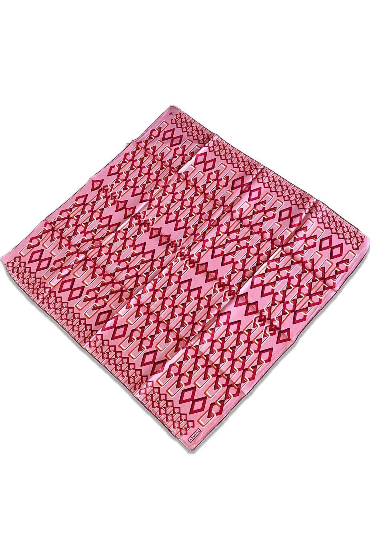 Armine Pembe Geometrik Desen Tivil İpek Eşarp 9172-01