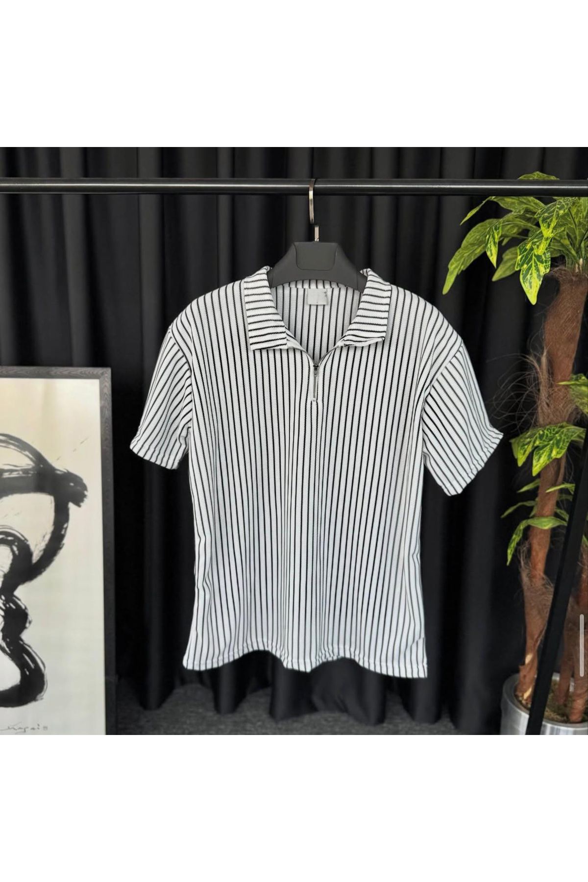 NewCabin Yeni Sezon Premium Pamuklu Petek Kumaş Kendinden Desenli Unisex Yarım Fermuarlı T-Shirt