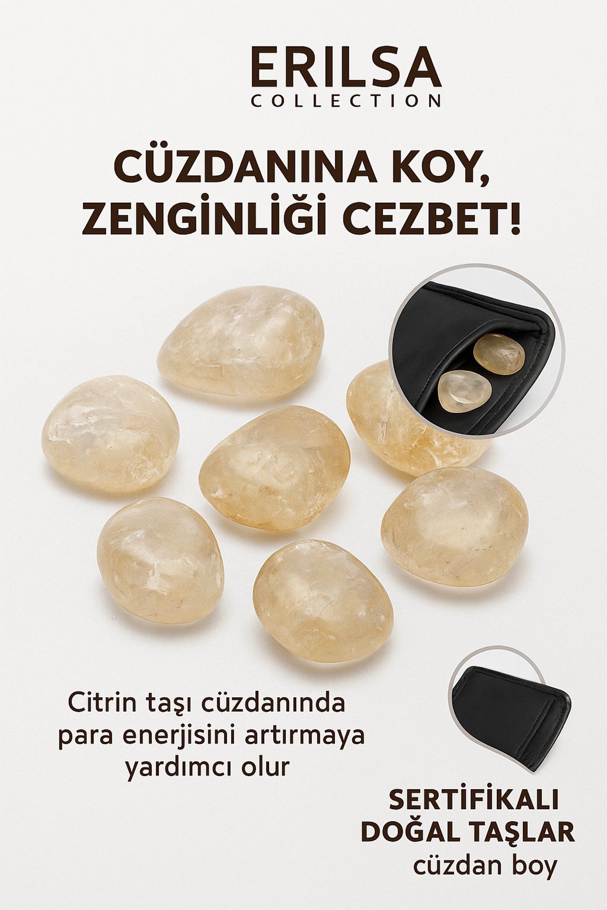 Erilsa Sertifikalı Cüzdan Boy Tamburlanmış Açık Şeffaf Sitrin Taşı Kütle - Bolluk, Işık Günlük Enerji